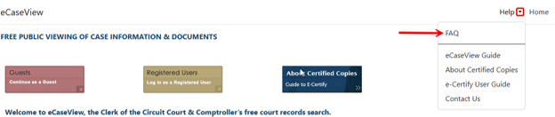 eCaseView Landing page showing Help dropdown with links to FAQ, eCaseView Guide, e‑Certify User Guide, Contact Us